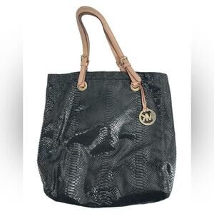 Michael Kors Black Python Effect Patent Leather North South Tote purse